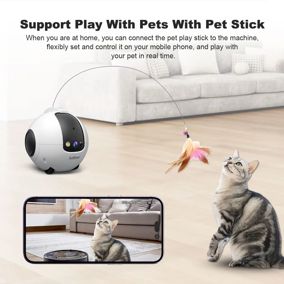 Pet toy with screen showing a cat playing, connected to a machine, in a living room setting.