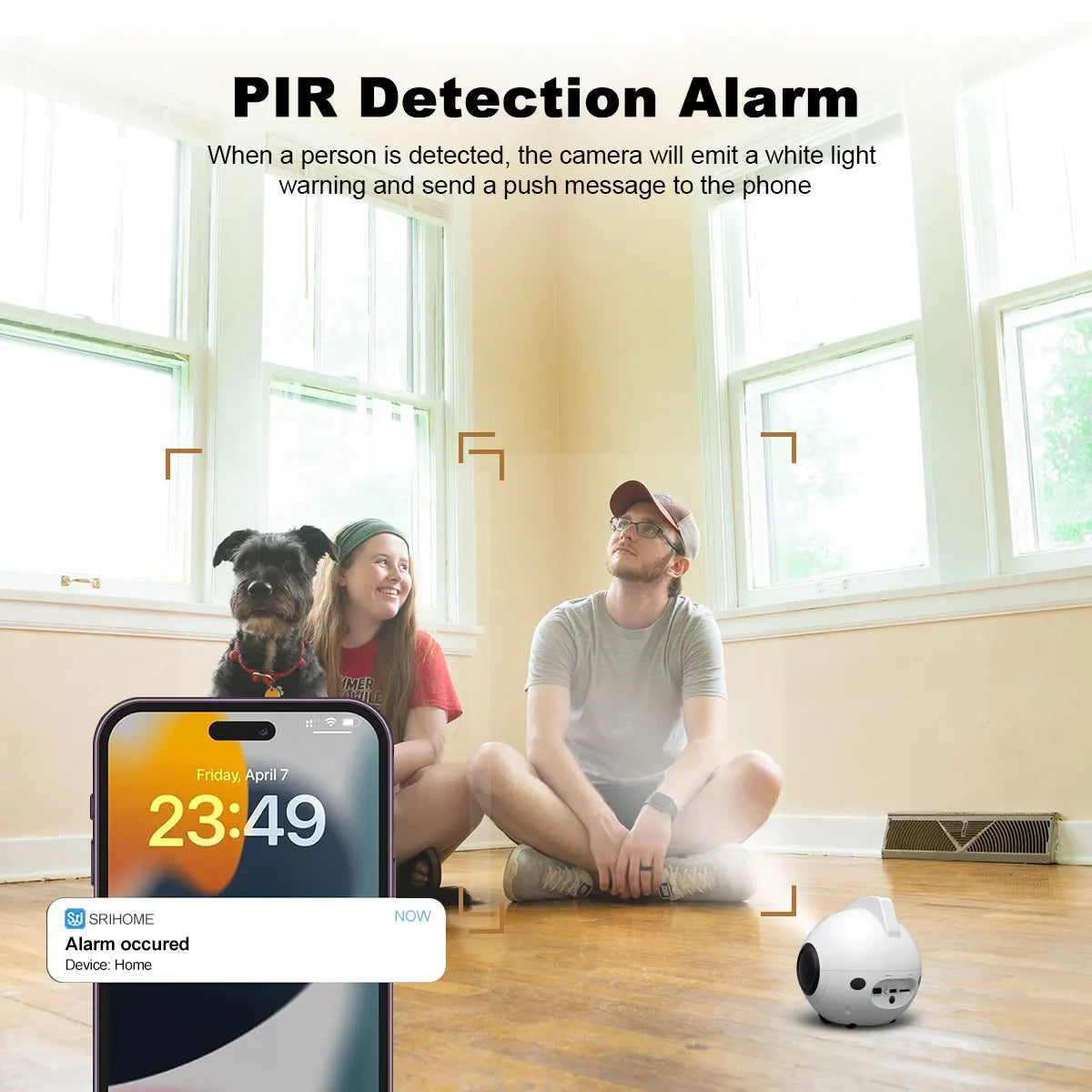 PIR Detection Alarm system with smartphone app and device in a room.