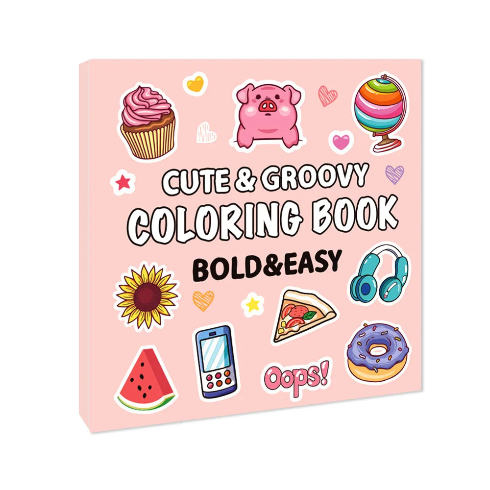 Cute and Groovy coloring book with various illustrations on a pink background