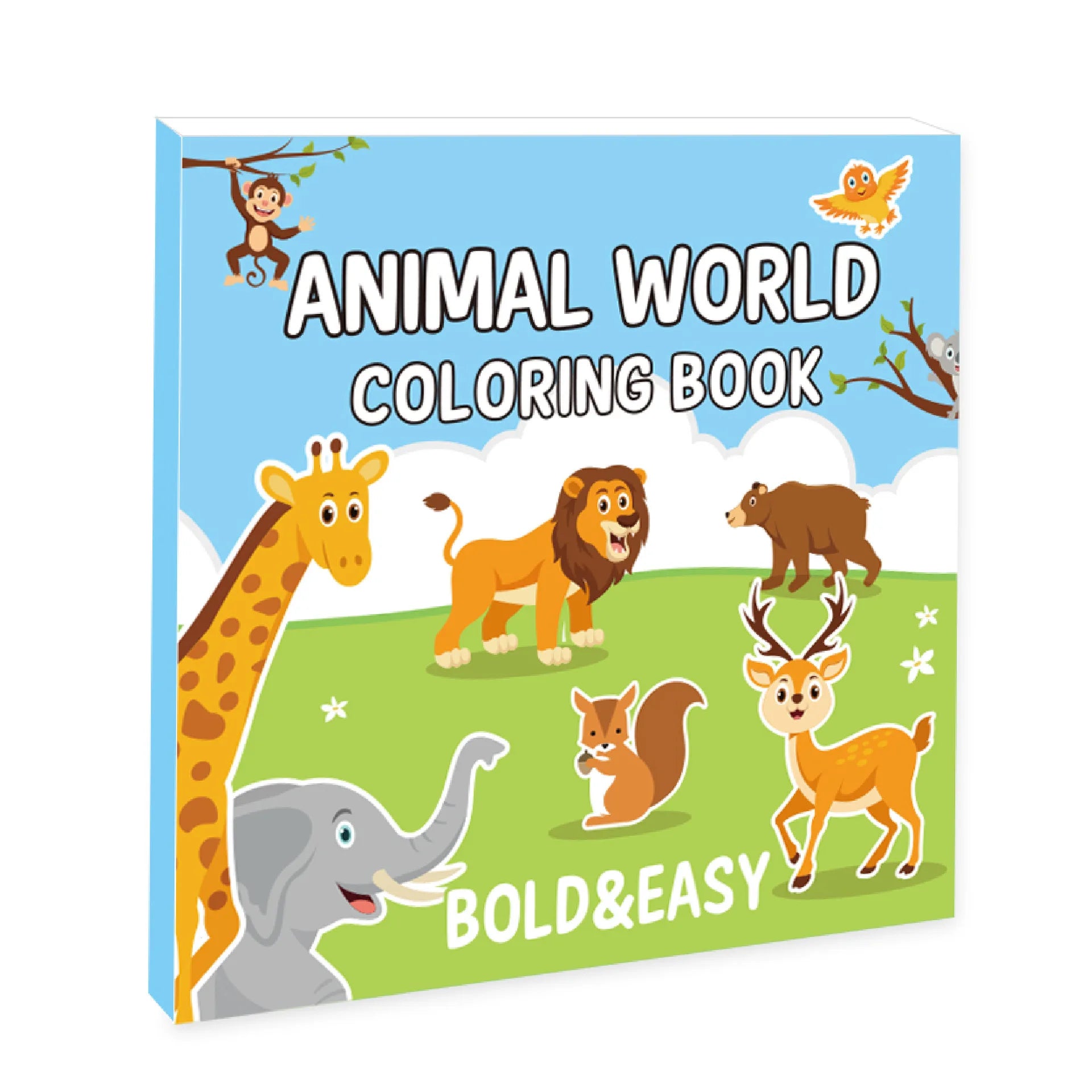 Coloring book cover with cartoon animals and 'Animal World Coloring Book Bold & Easy' text.