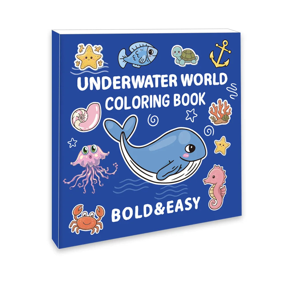 Coloring book titled 'Underwater World' with illustrations of sea creatures on a blue background.
