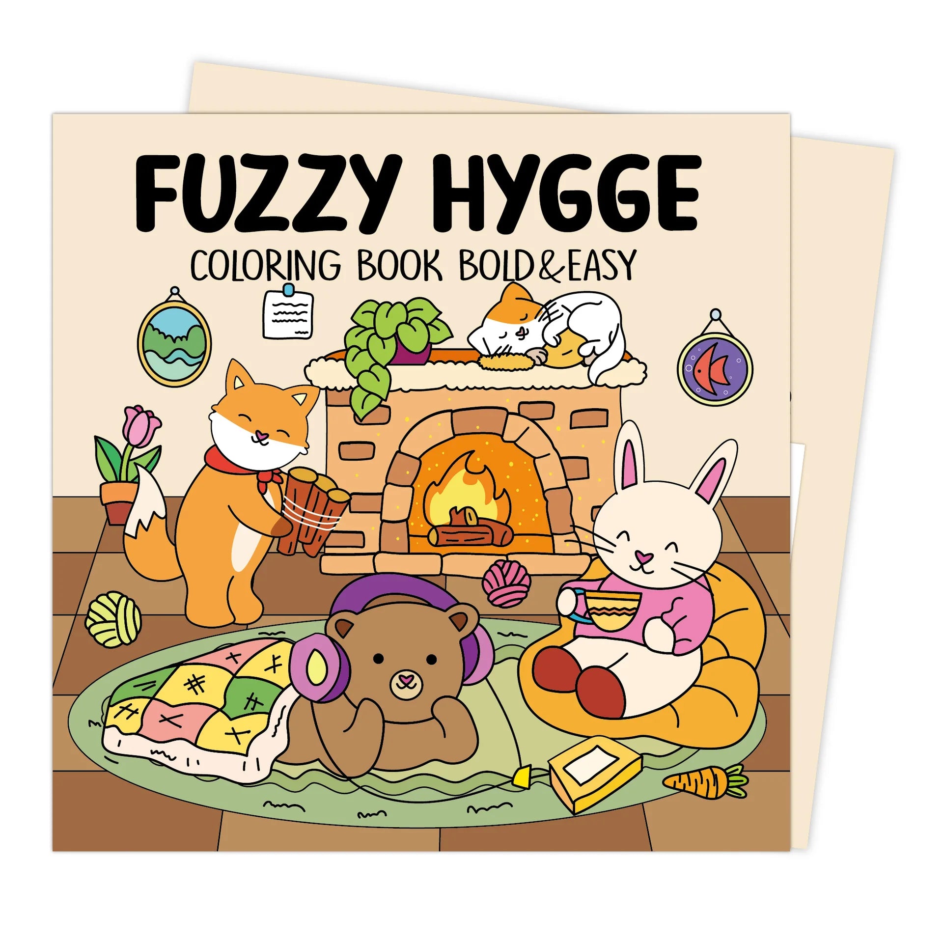 Coloring book titled 'Fuzzy Hygge' with cartoon animals around a fireplace.