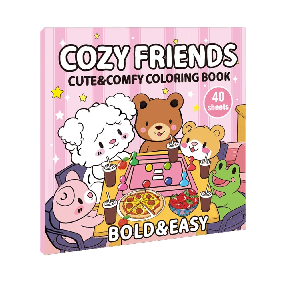 Coloring book titled 'Cozy Friends' with cartoon animals around a table on a pink background.
