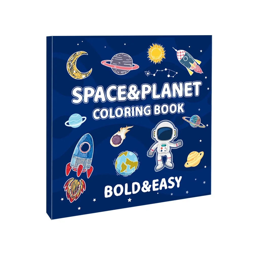 Space-themed coloring book with illustrations of planets, rockets, and an astronaut on a blue background.