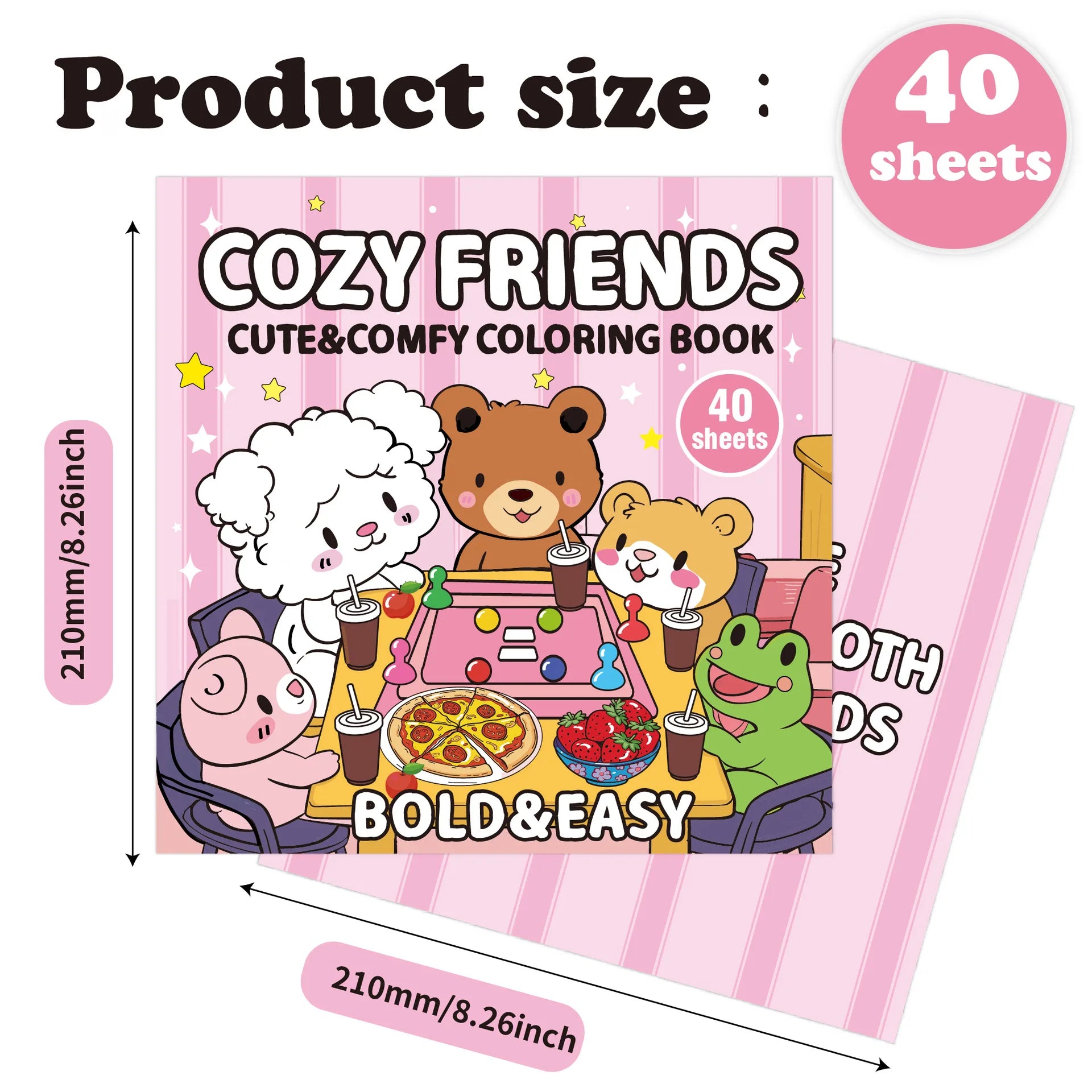 Cozy Friends coloring book with cartoon characters and text indicating 40 sheets and product size.