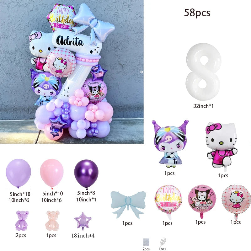 Collection of birthday balloons with character designs and a decorative bow, with a breakdown of item quantities on the right.