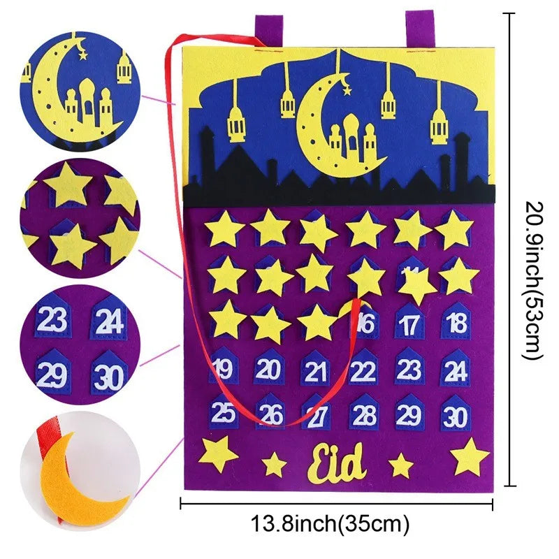 Eid-themed advent calendar with stars, numbers, and a crescent moon design.