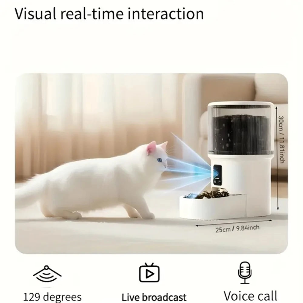 White cat interacting with a device on a light-colored surface, with text about visual real-time interaction.