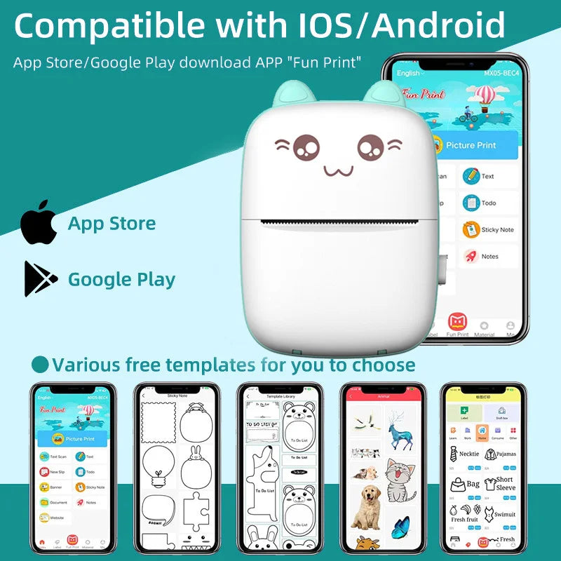 Small printer with cartoon face on a blue and green gradient background, showing app interface and templates.