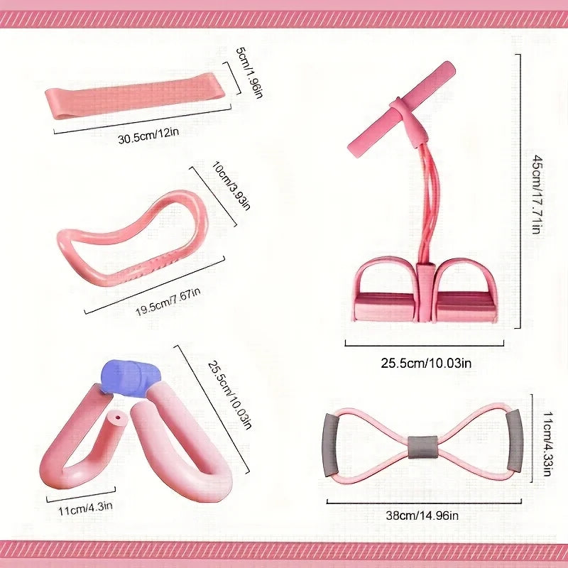 Pink resistance band set with measurements on a white background