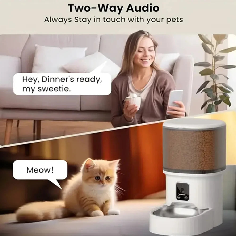 Woman using a smartphone with a pet speaker, cat responding with 'Meow', and text 'Two-Way Audio Always Stay in touch with your pets'.