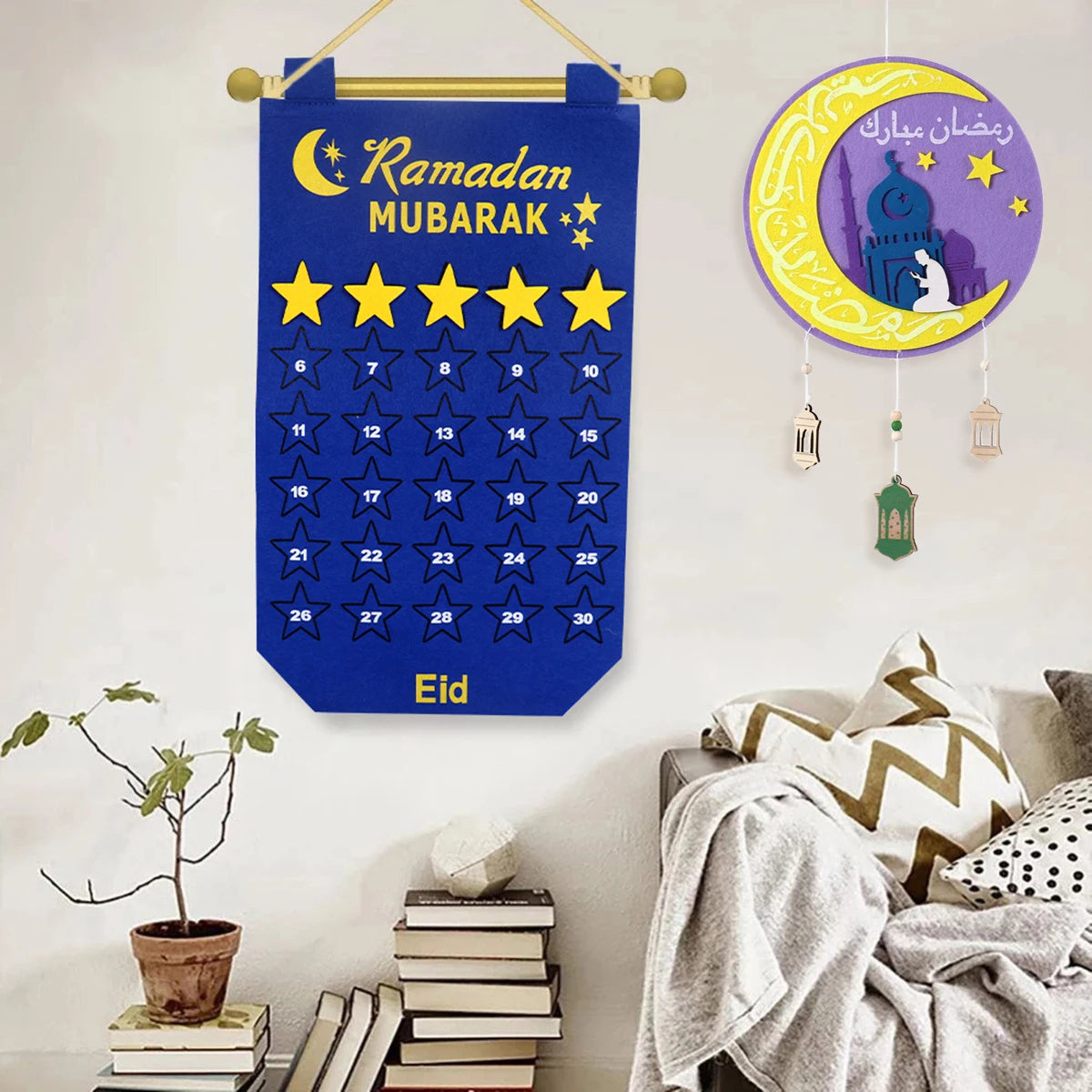 Decorative items for Ramadan with a blue advent calendar and a circular wall hanging on a white wall.