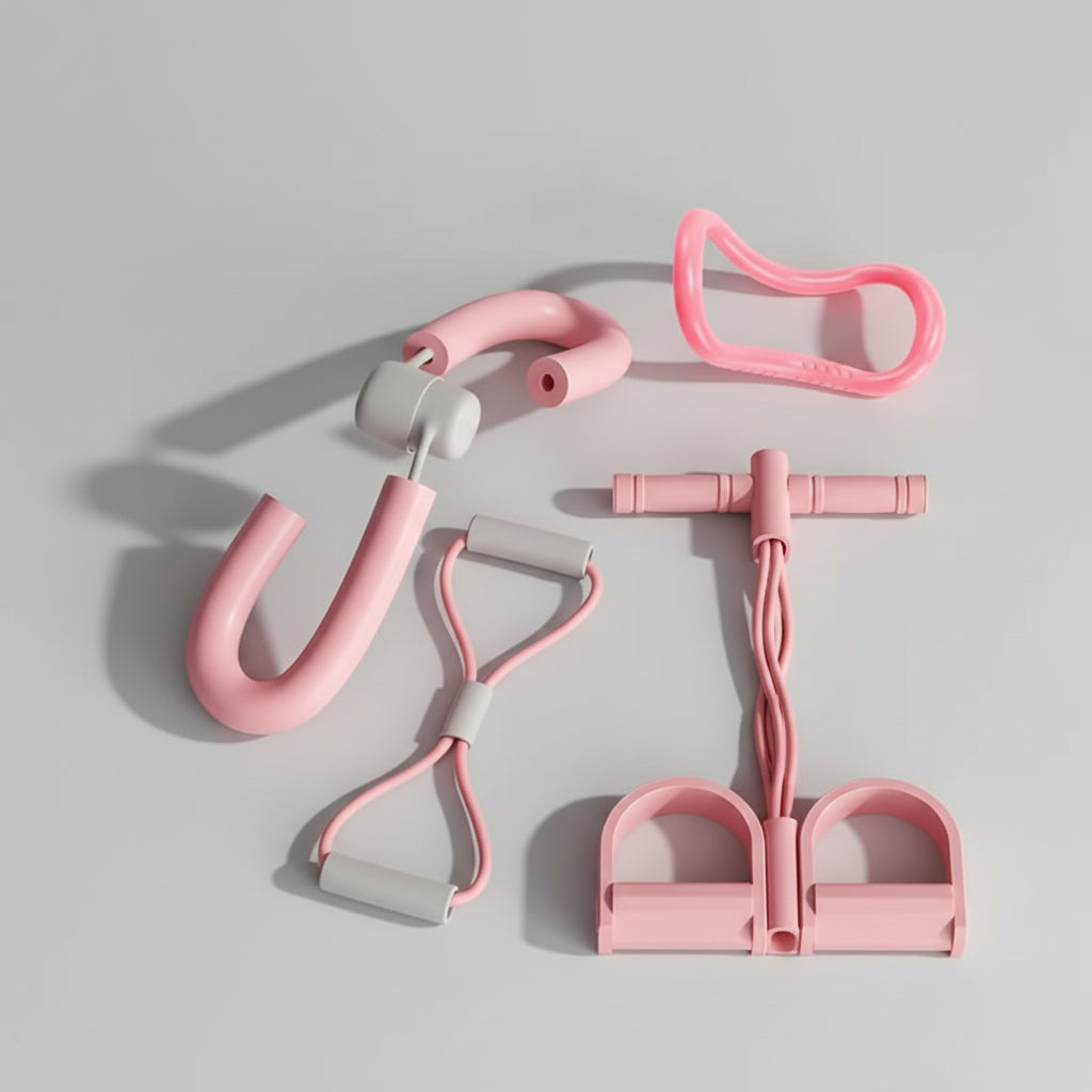 Pink yoga slimming equipment set on a pink background with text.