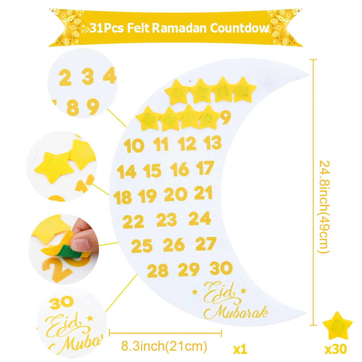 Felt Ramadan countdown calendar with yellow numbers and stars on a white background