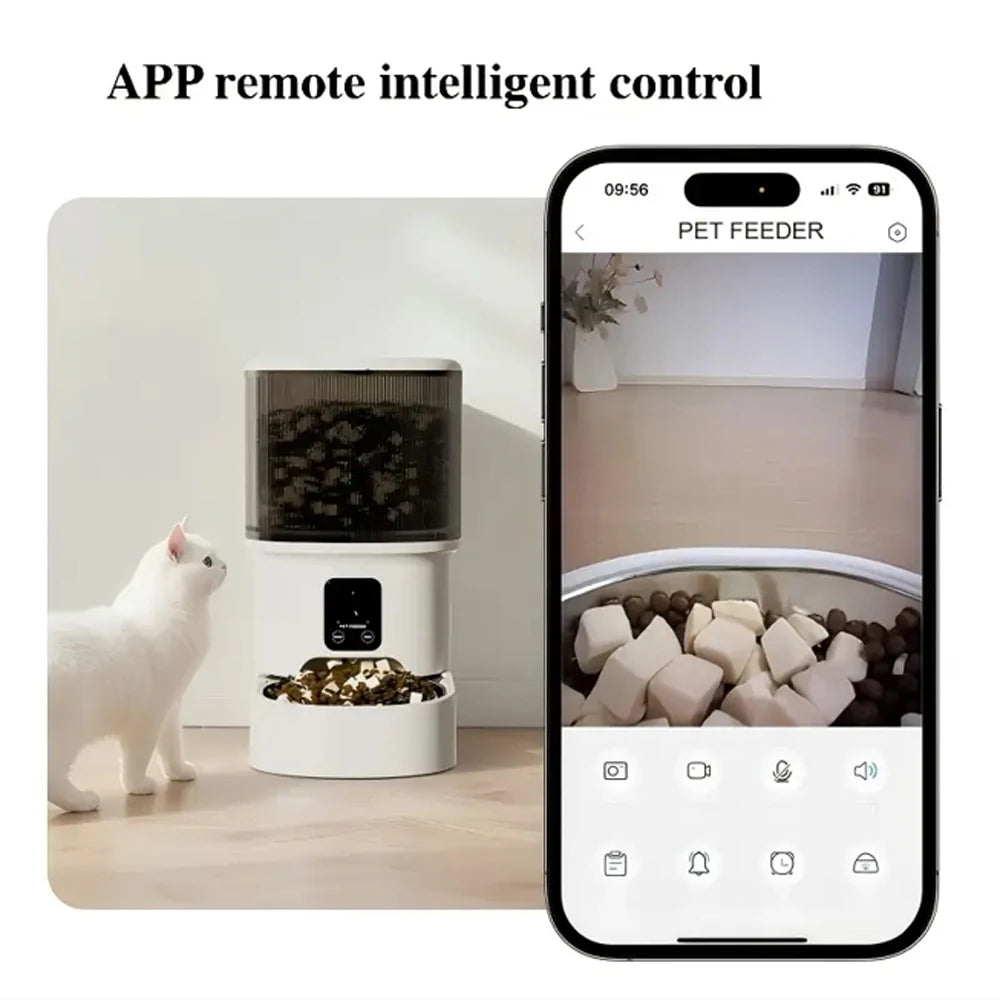 Pet feeder with a smartphone app interface showing remote control functionality.