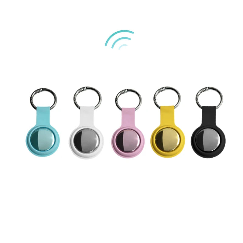 Five keychain devices with different colored bands on a white background