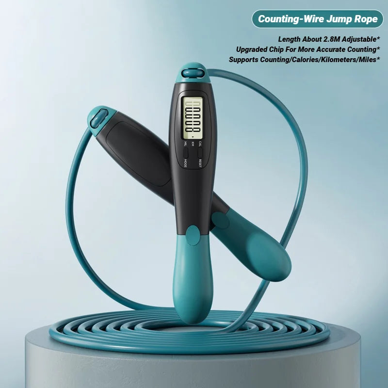 Teal and black digital jump rope on a light blue background