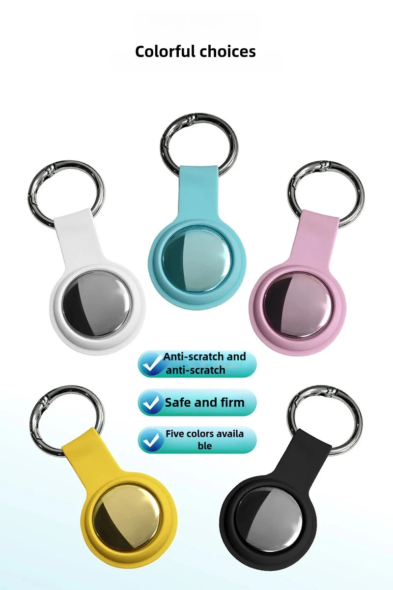 Five colorful keychain tags with different color options on a white background.