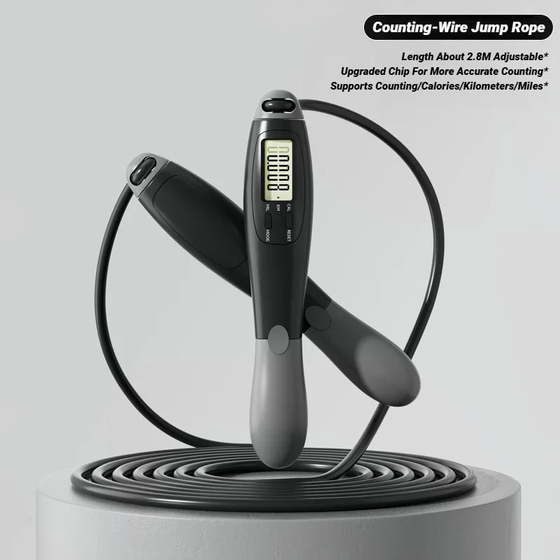 Electronic jump rope with digital display on a gray background