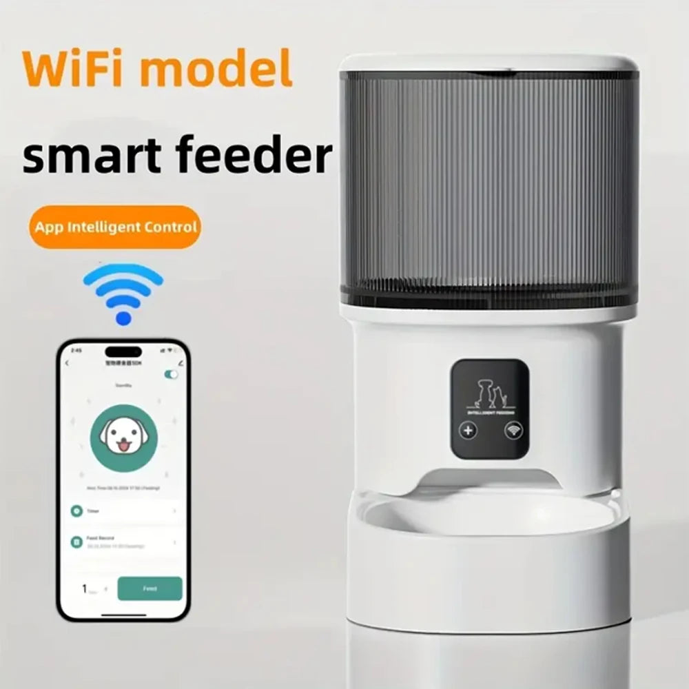 Smart feeder with app control on a white background