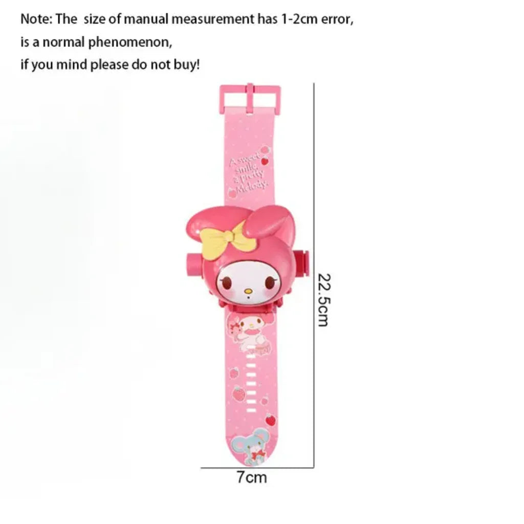 Pink cartoon character watch with measurements on a white background