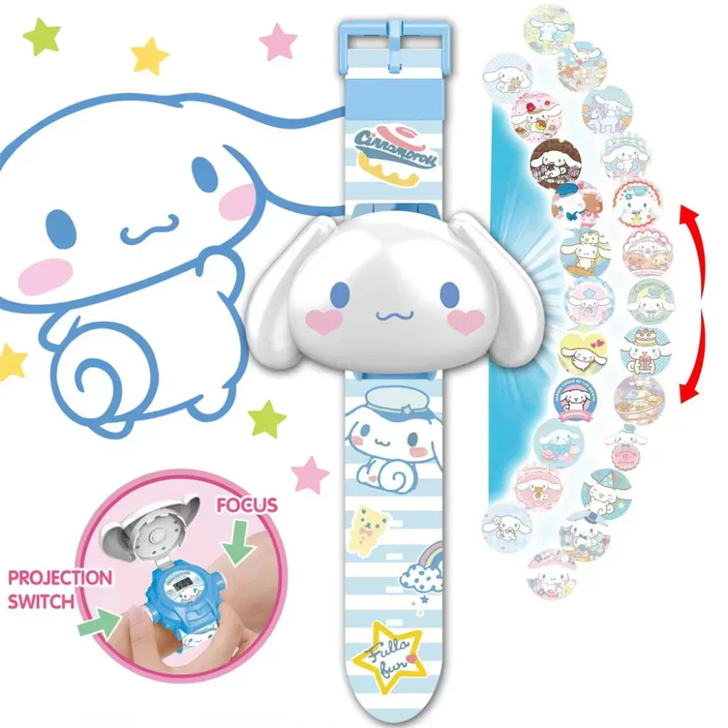 Children's watch with cartoon character design and projection feature on a white background