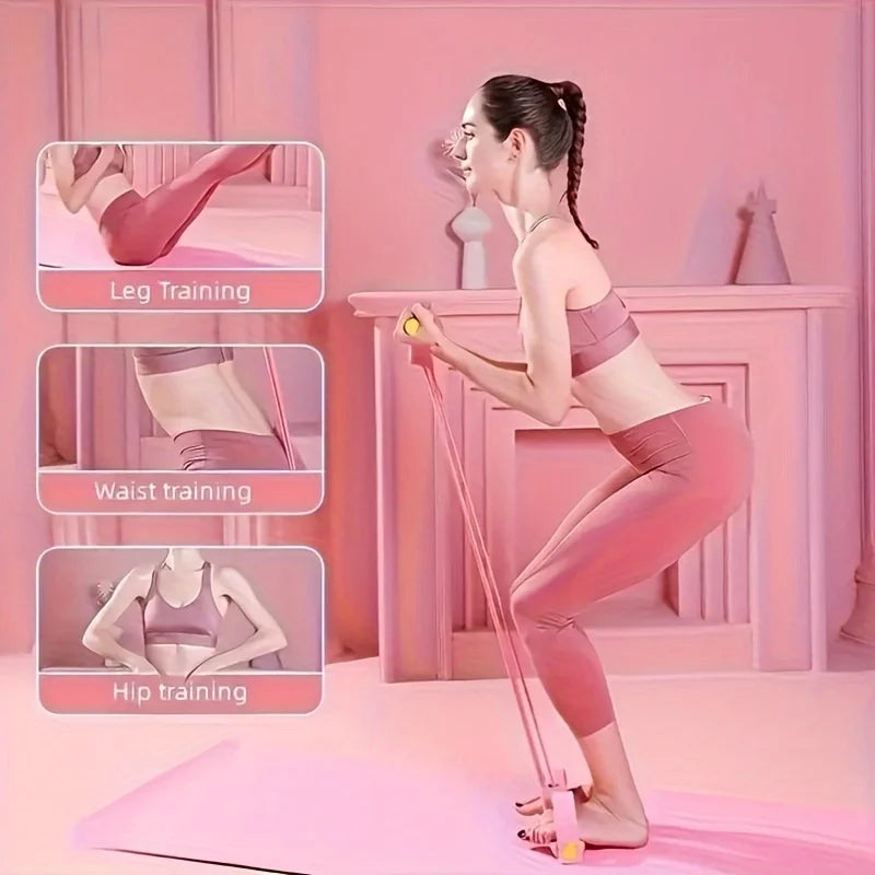 Woman exercising with resistance bands in a pink room