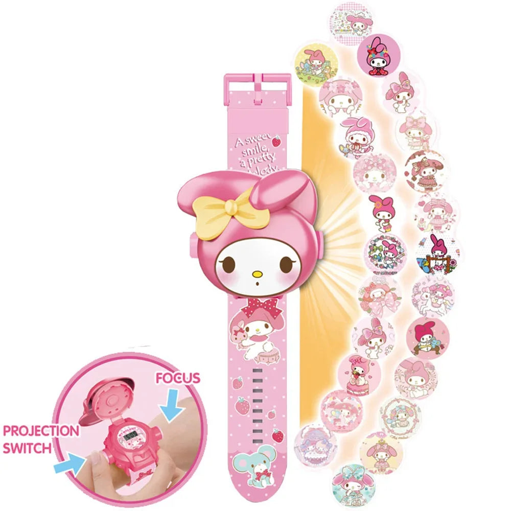 Pink cartoon character watch with projection switch and character stickers on a white background