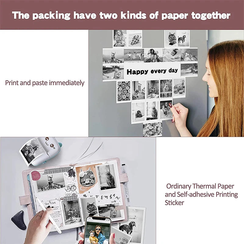 Collage of a woman arranging printed photos on a wall with text about paper types.