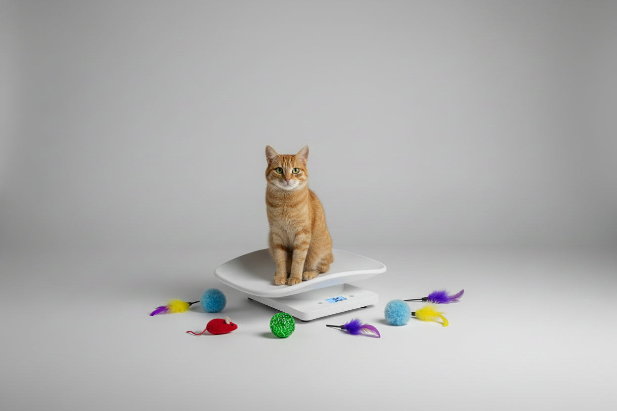 White electronic scale on a red surface with a screwdriver and remote control in the background.