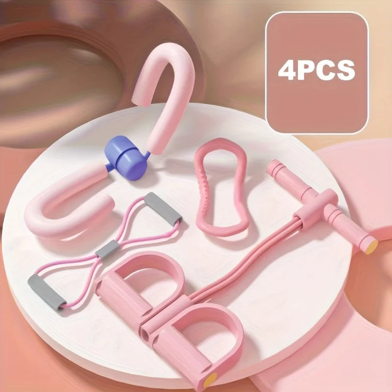 Set of pink resistance bands on a white plate with '4PCS' label.