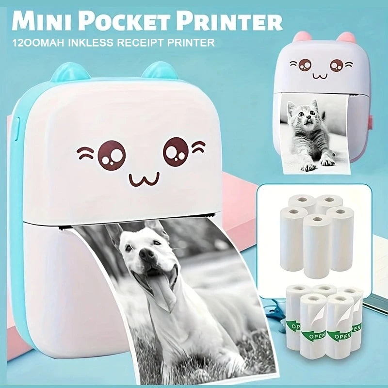 Mini pocket printer with a cute design, printing a photo of a dog, on a light blue background.