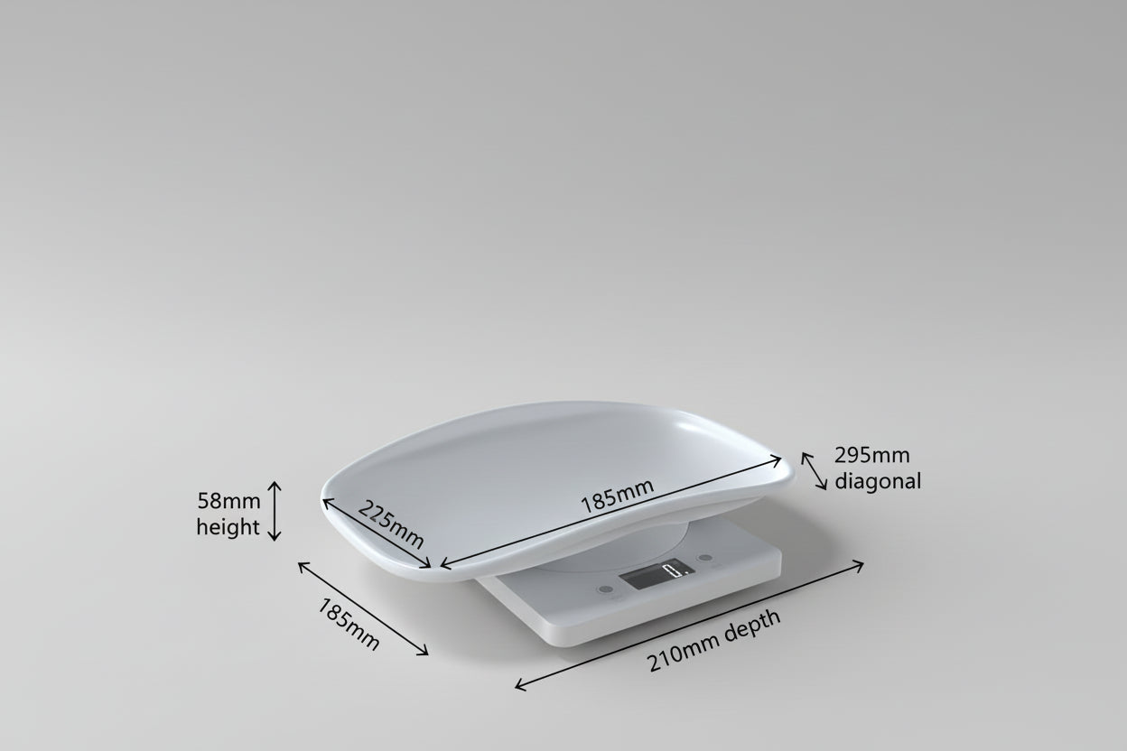 White pet scale with dimensions labeled on a wooden surface