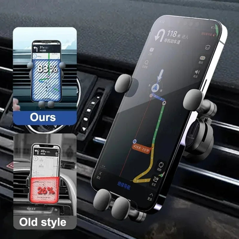 Car phone holder with digital display showing battery percentage and navigation app, compared to an 'Old style' version.