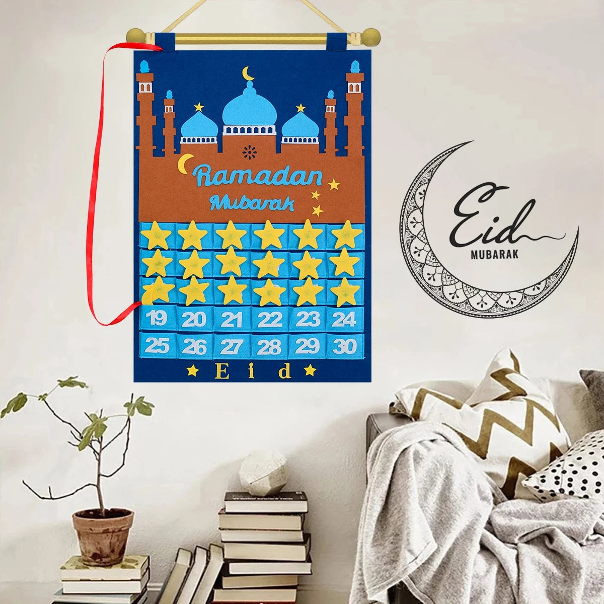 Decorative calendar with Ramadan and Eid Mubarak text, stars, and numbers hanging on a wall.