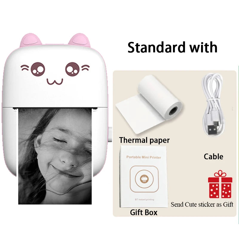 Portable mini printer with thermal paper, cable, and gift box on a white background