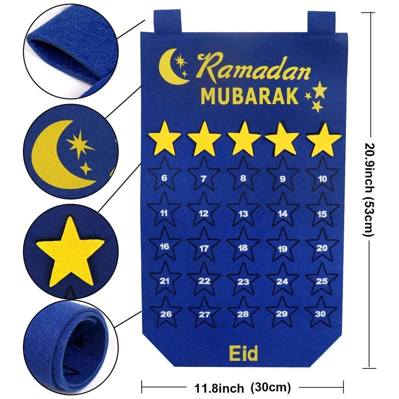 Blue advent calendar with Ramadan Mubarak text and star designs, showing close-up details and dimensions.