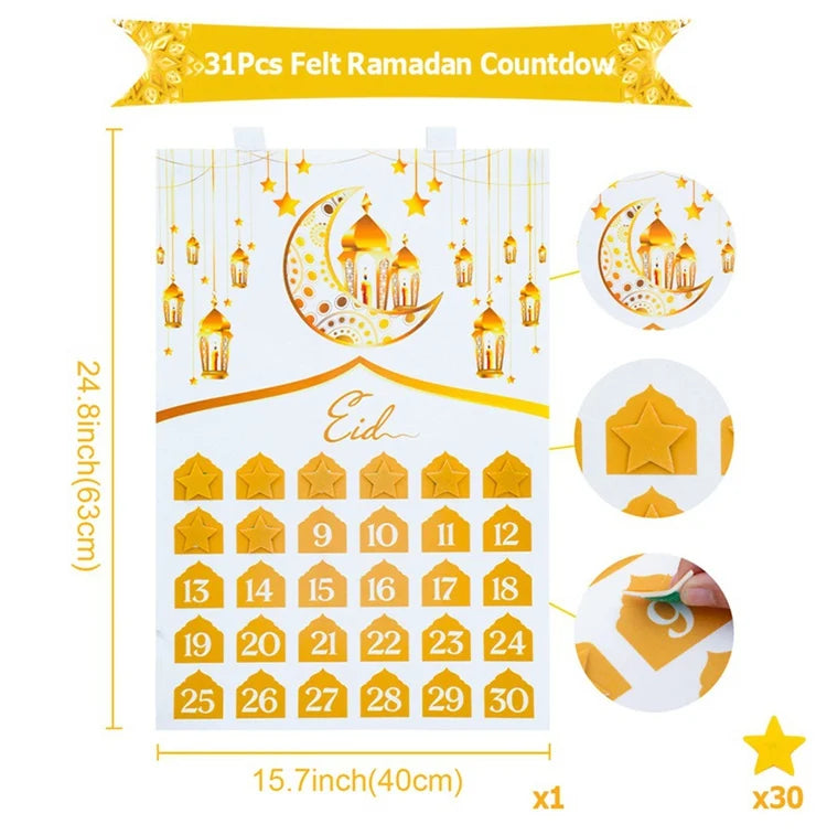 Felt Ramadan countdown calendar with gold designs and numbers on a white background