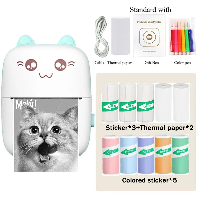 Portable mini printer with accessories including thermal paper, color pen, and stickers on a white background.