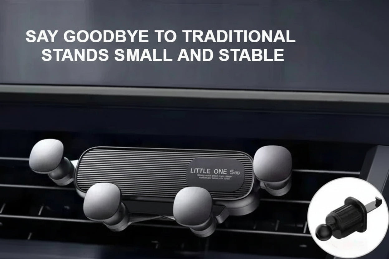 Car air vent phone holder with text 'SAY GOODBYE TO TRADITIONAL STANDS SMALL AND STABLE' on a dark background.