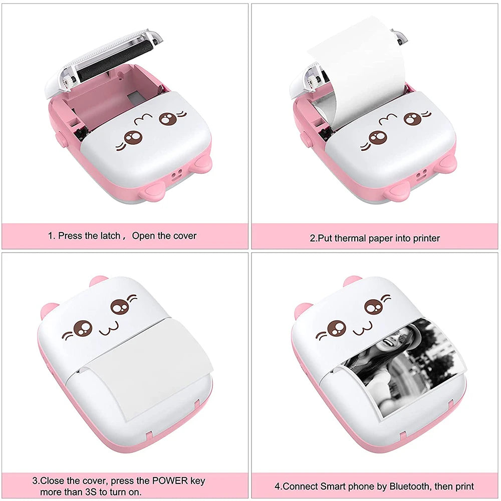 Small pink and white printer with cartoon face, showing how to use it.