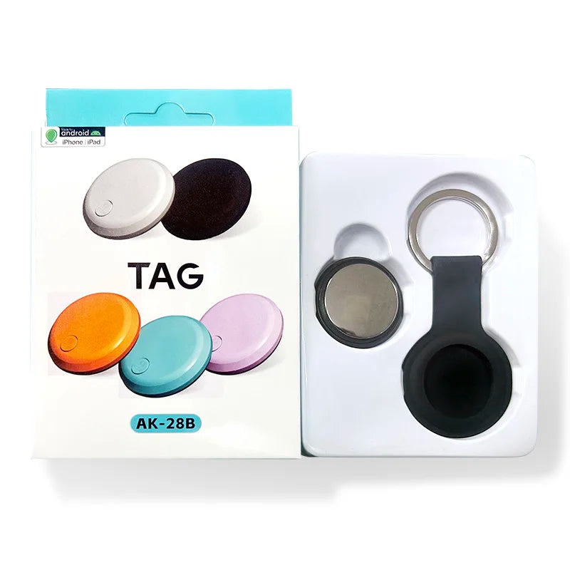 Smart tag with keychain and packaging on a white background