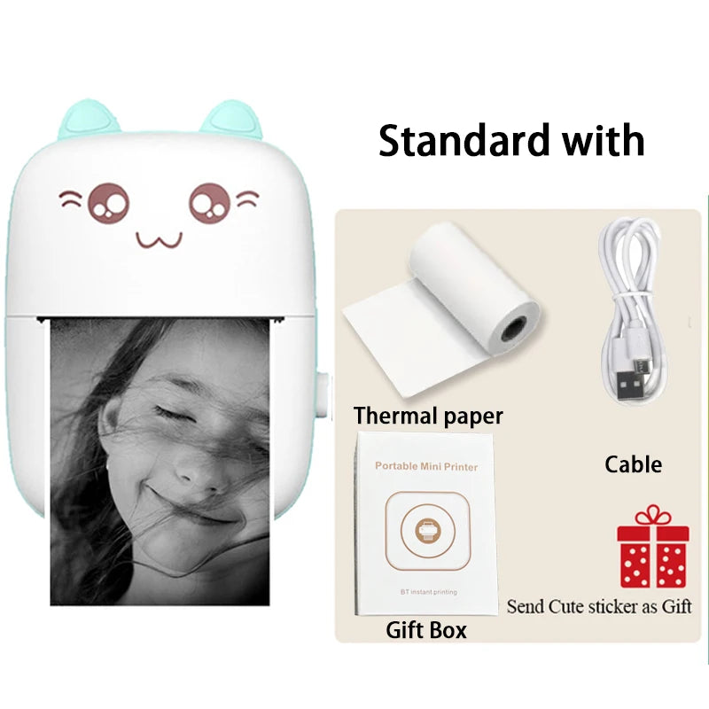 Portable mini printer with thermal paper, cable, and gift box on a white background