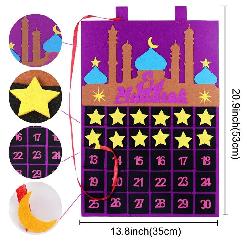 Decorative advent calendar with colorful designs and numbers, suitable for Eid celebration.