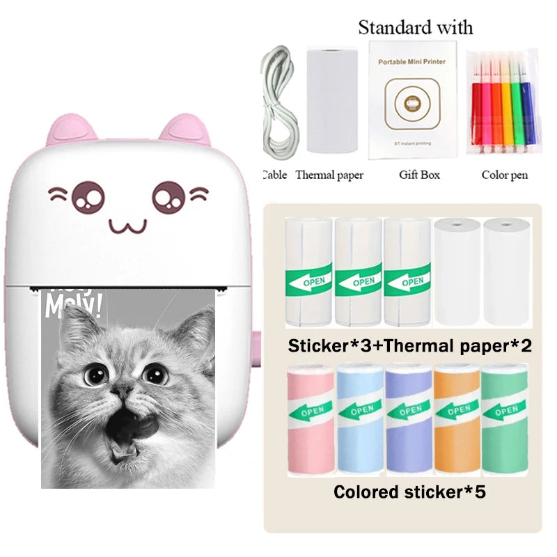 Portable mini printer with accessories including thermal paper, color pen, and stickers on a white background.