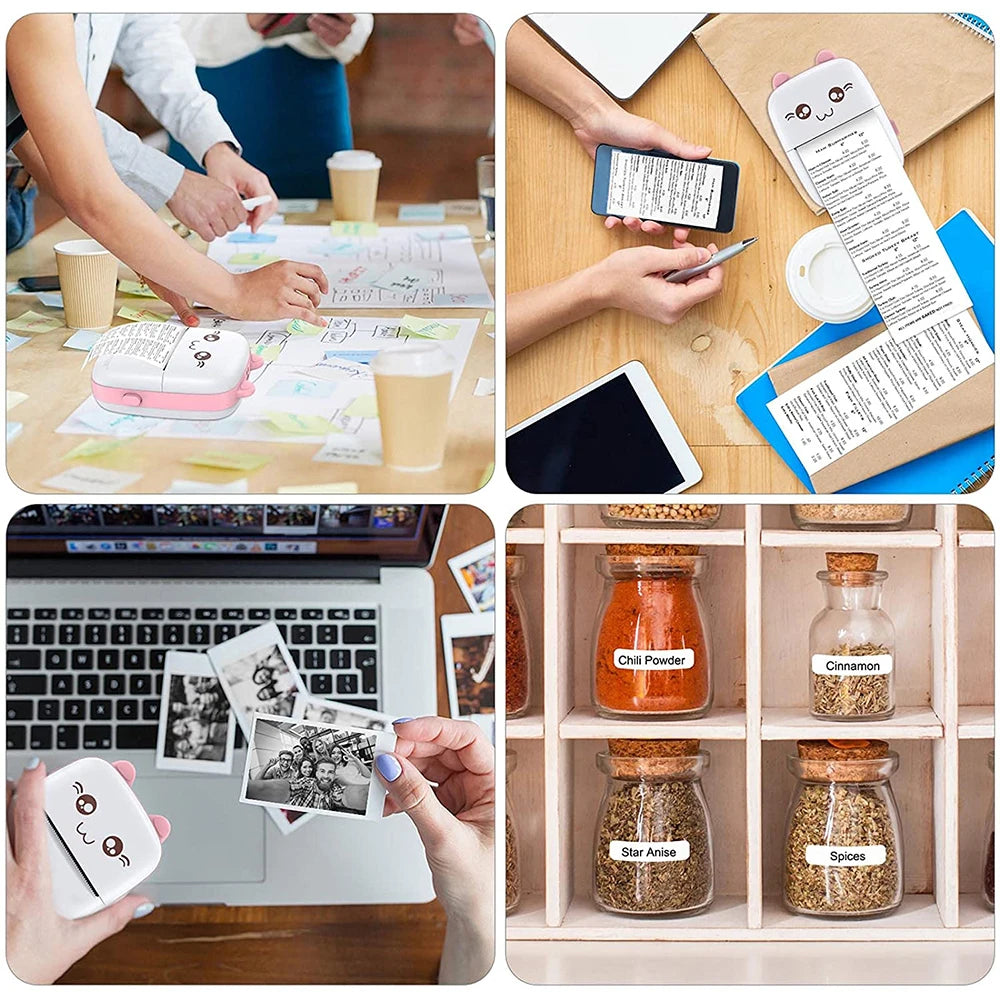 Collage of four images showing a printer, phone, laptop, and spice rack.